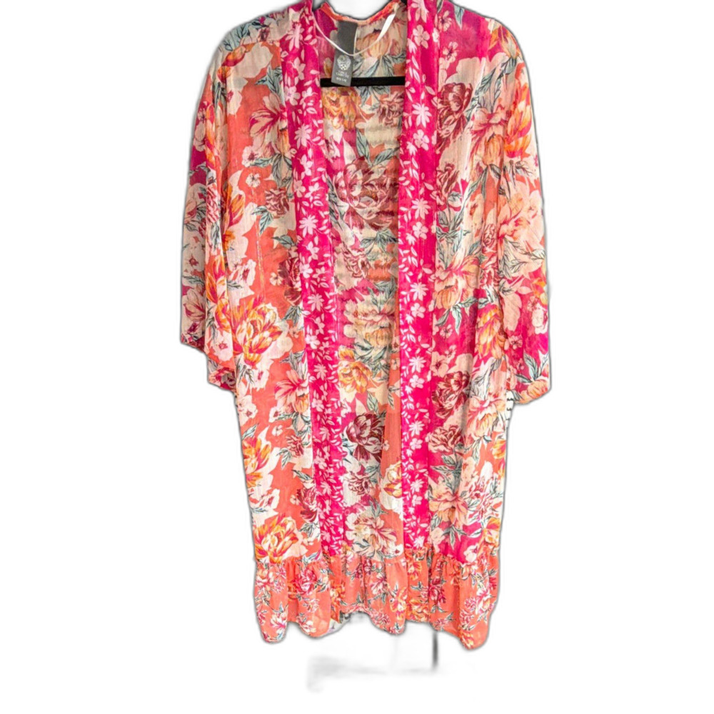 Vince Camuto Pink Orange White Floral Chiffon Kaftan Midi Dress V-Neck OS
